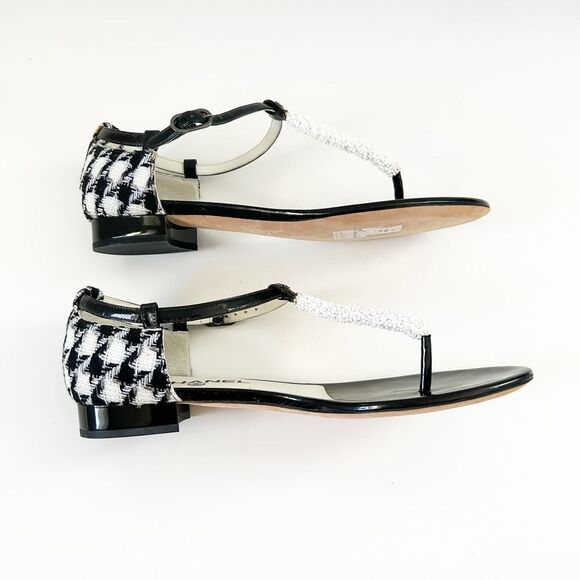Chanel CC Sandals Tweed Patent Leather T Strap Flats Size Eu 39 - Picture 7 of 15